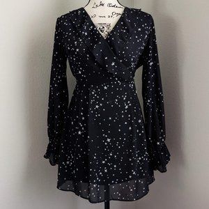 black star print ruffle A-line dress